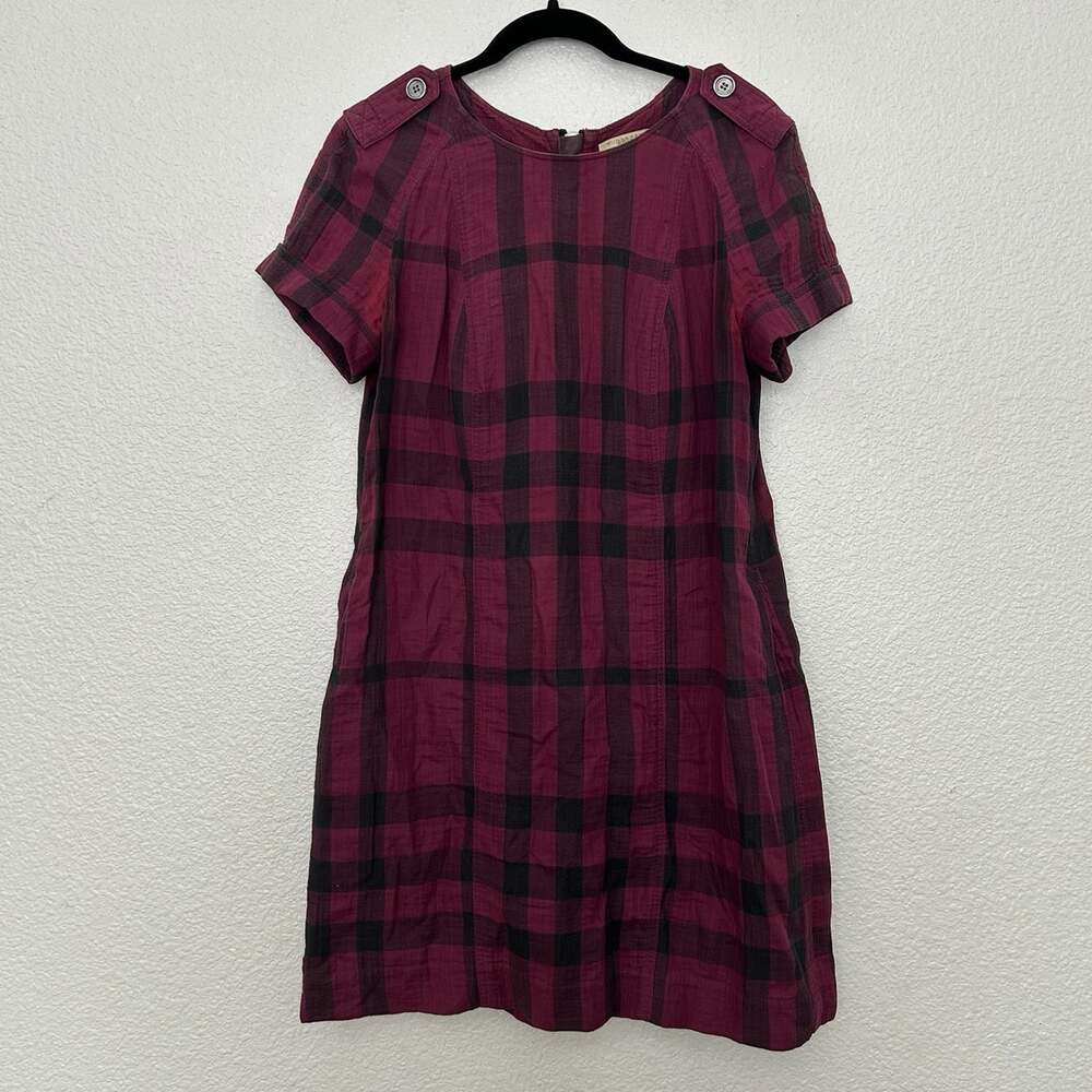 Burberry Brit Womens Plaid Shift Dress 10 Purple Black Short Sleeve Knee Zip